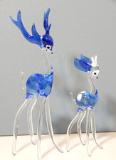 Vintage Art Glass Set Tall Blue & Clear Bambi Reindeer Murano Figurines 23 cm H