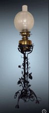 Large Arts & Crafts Wrought Iron Oil Lamp Base With Brass Font Chimney And Shade