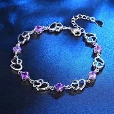 925 Sterling Silver Crystal Heart Linked Charm Bracelet Women Girls Jewellery UK