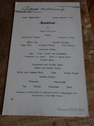 Rms queen mary - queen, menu