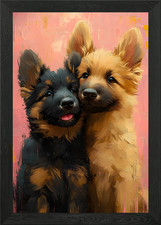 Two German Shepherd Puppies Framed Wall Art Poster Canvas Print Picture