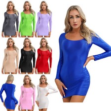 UK Women Glossy Long Sleeve Bodycon Dress Nightwear Stretchy Tight Party Dresses