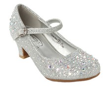 GIRLS DIAMANTE GLITTER BRIDESMAID WEDDING PARTY LOW HEEL MARY JANE COURT SHOES