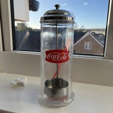 Vintage Retro 1950s Diner Style COCA-COLA 2014 Glass Straw Dispenser Chrome Lid