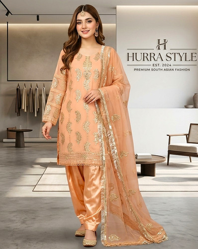 Peach organza gold embroidered - organza,