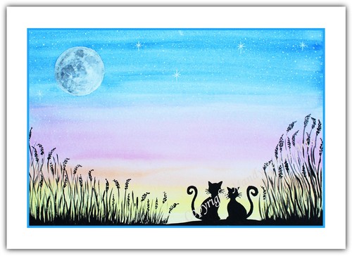 Cats moon stars watercolour - cats,
