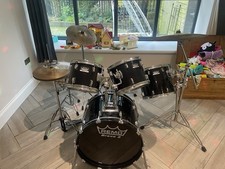 Adult - Bravo Remo 2 Complete Drum Kit with Stool and Cymbals In Black Used VGC