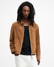 AllSaints Men's Marquez Bomber Jacket Brown Suede Zip Pockets Casual Size M