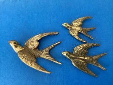 Set of Three ANTIQUE BRASS wall hanging  SWALLOWS with GREEN GLASS EYES