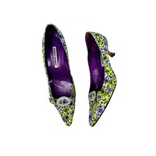 Manolo Blahnik Floral Jewel Buckle Kitten Heel Pumps Vintage Purple Green EU 41 
