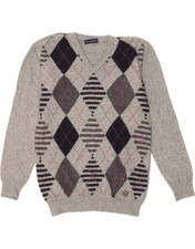 TRUSSARDI JEANS Womens V-Neck Jumper Sweater UK 18 XL Grey Argyle/Diamond DY09