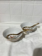 2 x Vintage Chinese Style Dragon & Phoenix Design Ceramic Bowl & Soup Spoon Set