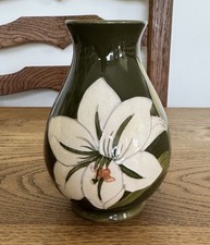 Walter Moorcroft White Bermunda Lilly Vase In Green Ground 6”  Perfect Condition