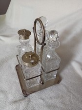 Vintage 4 Piece Cut Glass Cruet Set On EPNS Tray Condiment Stand