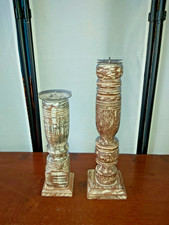 A SET OF TWO VINTAGE STYLE INDIAN RECYCLED WOODEN CANDLE HOLDERS