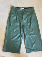 Zara Faux Leather Dark Green Wide Leg 3/4 Trousers Sz L Unworn