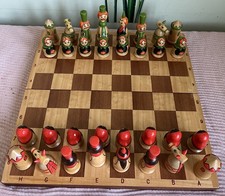 Russian Dolls Folk Hand Painted Wooden Chess Set, Folding Board Made USSR 1970s