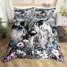 Highland Cow Flower Comforter Cover King Size Bull Cattle Bedding Set Western Fu