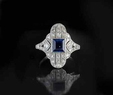 Art Deco Style Lab Created Sapphire Step-Cut 14K White Gold FN Engagement Ring