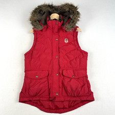 Ralph Lauren Polo Gilet Womens Large Red Down Puffer Bodywarmer Hooded Logo Fur