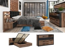 King Size Bedroom Set Lift Up Storage Ottoman Bed LED Luxury Oak Black Kassel