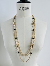Vintage 1980s Triple Layered Chain Necklace Faux Pearls Crystal Beads Gold Tone