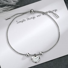 925 Sterling Silver Heart Charm Bracelet Bangle Filled Women's Solid Love Gift