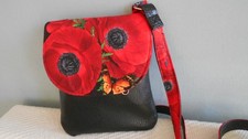 BLACK&RED ACROSS BODY SHOULDER BAG ENVELOPE STYLE with RED POPPY DETAIL  NEW