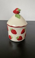Round Ceramic Strawberry Preserve Pot With Cone Lid. Cream  & Red.  H6ins.