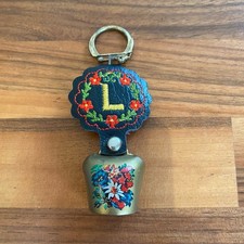 Vintage Swiss Alps Cow Bell Switzerland Embroidered Leather Letter L Keyring