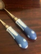 ANTIQUE PAIR OF WEDGWOOD JASPERWARE AND SILVER PLATED SALAD SERVERS