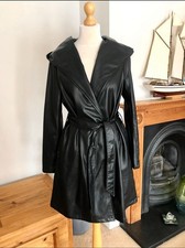 Zara Black Faux Leather Hooded Belted Trench Coat Size S UK10 Bnwt # G80S