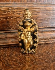Vintage French Miniature Overlay Cherubs Glass Perfume Bottle Green Inset Jewel