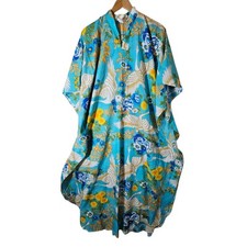 Vtg Hawaiian Palm Silky Muumuu Kaftan Dress Sz M Oriental Floral Crane Bird 70s