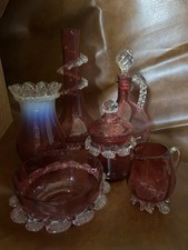Six Piece Antique Cranberry Glass Set With Clear Glass Frills 