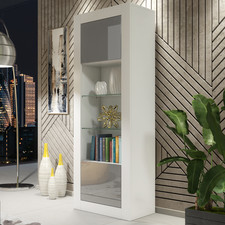 Modern Display Cabinet | 170cm White Matt Cupboard with Grey Gloss Doors & Glass