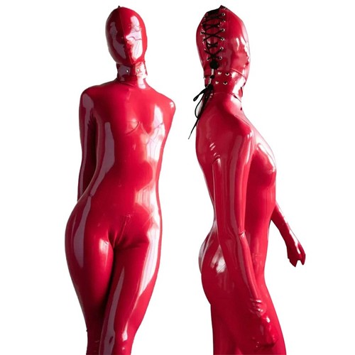 Rose red latex catsuit with - red,
