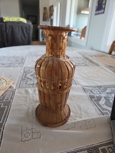 Vintage handwoven bamboo vase - vintage,