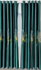 Pair Curtains Green Satin Gold