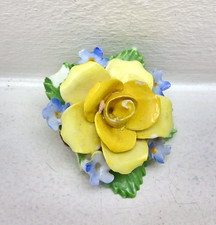 Denton China Yellow Rose Bone China Floral Brooch Blue Flowers England - CHIPPED