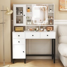 White Vanity Dressing Tale Makeup Desk with Drawers & Shelves LED Lighted Mirror
