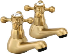 Victorian Gold Basin Taps Pair 1/4 Turn Brushed Brass G1/2 UK Bathroom Tap