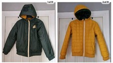 VERTBAUDET REVERSIBLE BOYS KHAKI/DEEP YELLOW PADDED HOODED JACKET AGE 10/12
