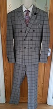 CAVANI MENS 2PC GREY CHECK SUIT JACKET 44R PANTS 40R + FREE TIE & PIN CHAIN &PEN