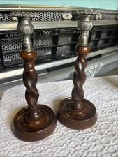 Pair of Vintage Barley Twist Wooden Oak Candle Stick Holders Metal Tops 10 Inch