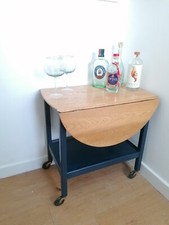 drinks trolley vintage Oak Blue Gin Occasional Table Folding Round Drop Leaf