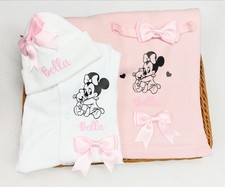 Newborn baby outfit sleepsuit hat blanket headband personalised set Minnie Mouse