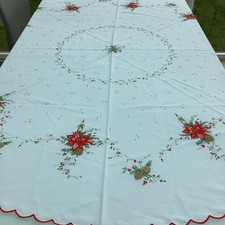 ? XMAS PEGGY WILKINS SCALLOPED EDGE  POINSETTIA ROUND  TABLECLOTH 68” £9.50