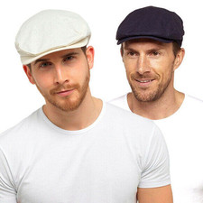 Mens Linen Flat Cap with Stitched Peak for Summer in Blue & White