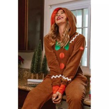 Kid Adult Gingerbread Man Costume Cosplay Christmas Party Hood Jumpsuit Xmas Gif